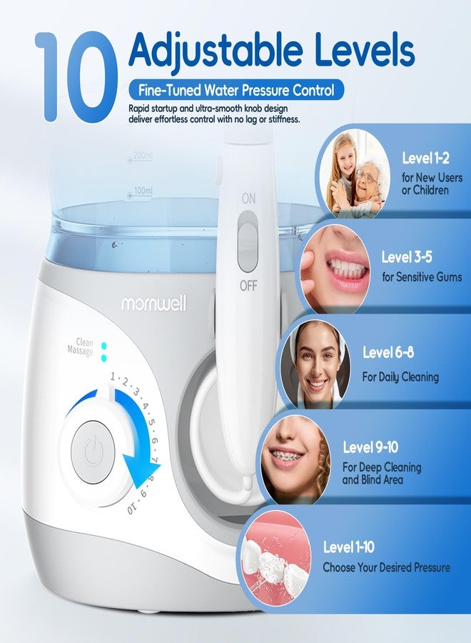 Mornwell Water Dental Flosser for Teeth, 2 Modes and 10 Adjustable Pressure Oral Irrigator for Braces, 8 Multi-Functional Tips for Family, Multiple Users, Home Use, White - Image 4